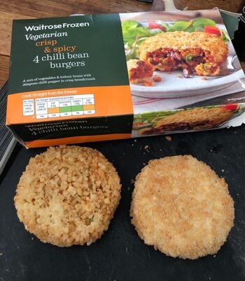 Waitrose Frozen 4 vegetarian chilli bean burgers 380g pack