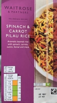 Waitrose spinach & carrot pilau rice 300g pack