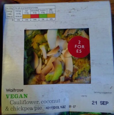 Waitrose Vegan Cauliflower, Coconut & Chickpea Pie 170g pack